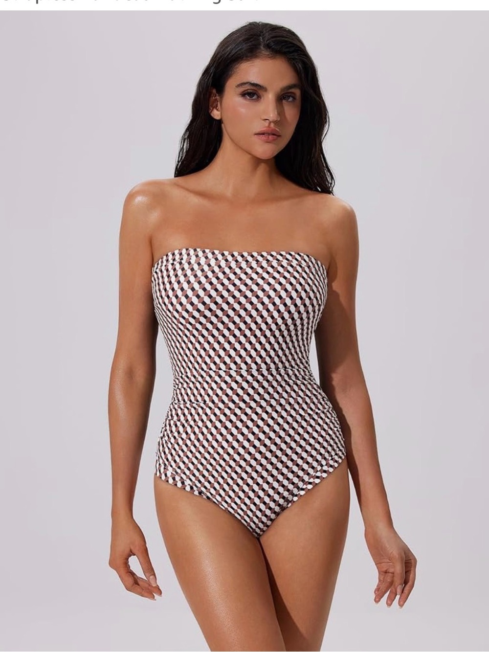 Amazon Women's Strapless One-Piece Swimsuit in White and Brown Geo Print